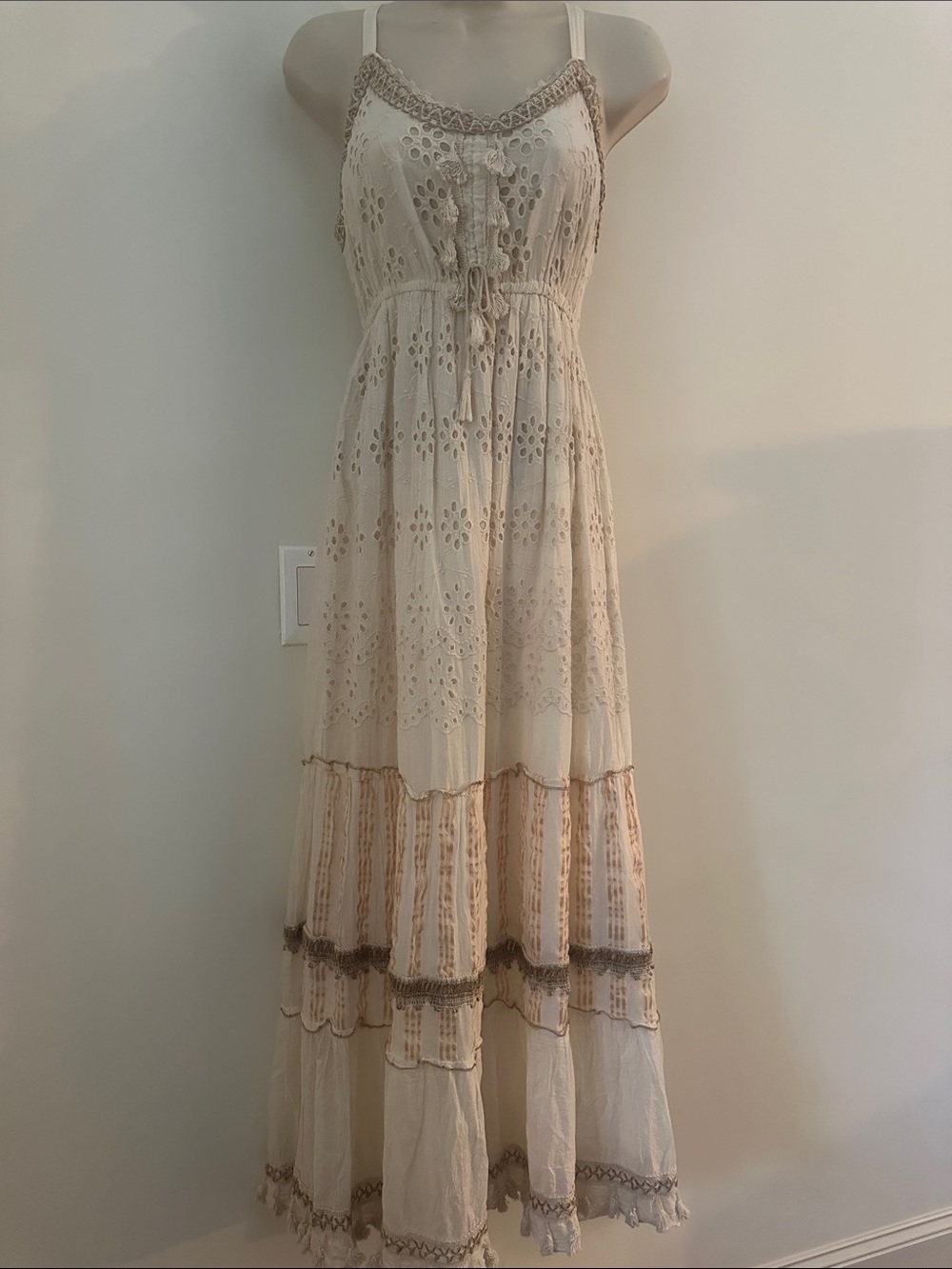 Boho Lace Maxi Dress in Cream with Crochet Trim